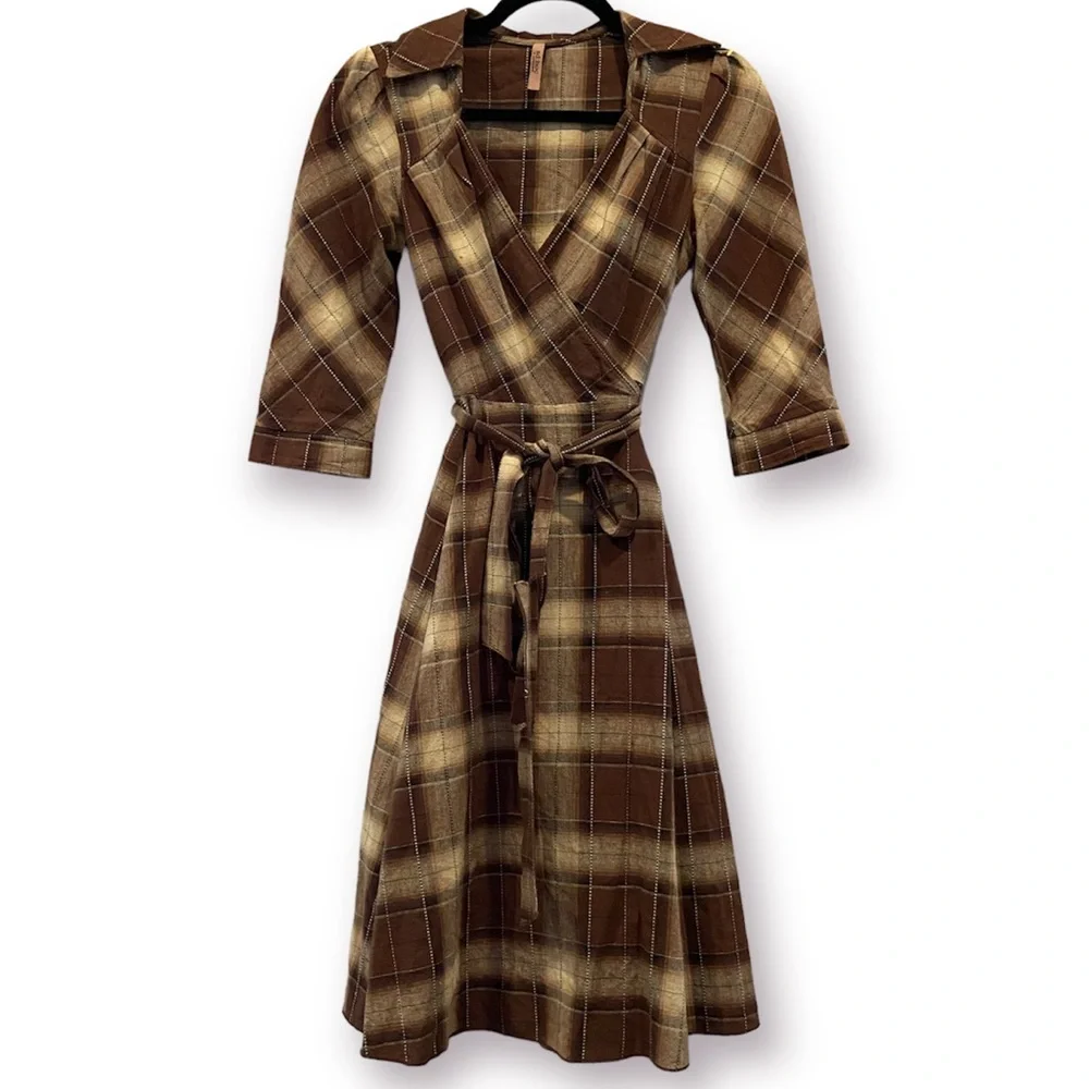 AD:HOC Plaid Faux Wrap Midi Dress Retro Small - Picture 2 of 9
